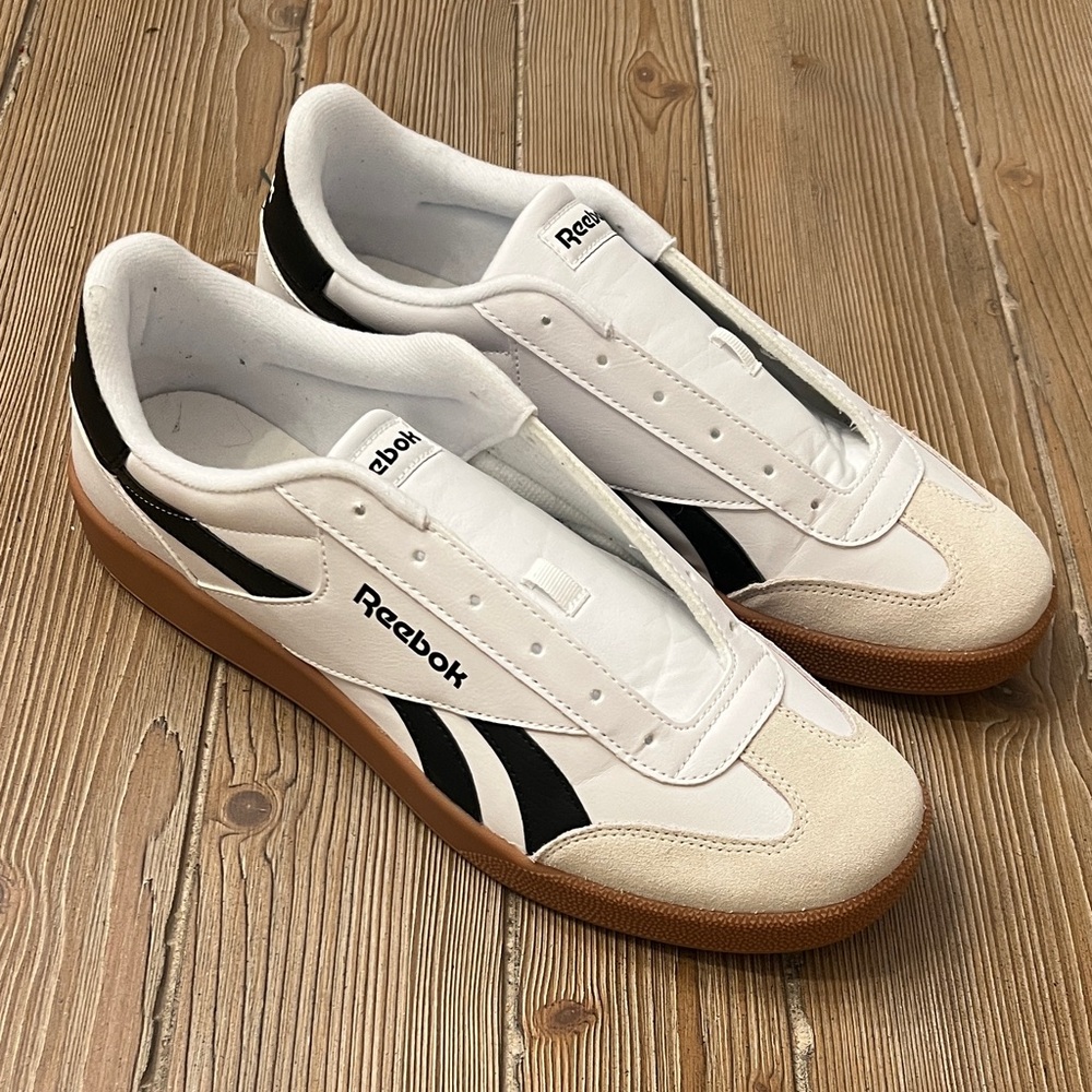 Reebok Men's White and Black Sneakers with Tan Sole